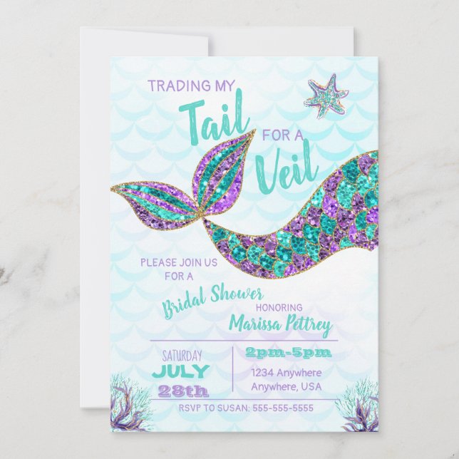Mermaid  Bridal Shower invitation, glitter Invitation (Front)