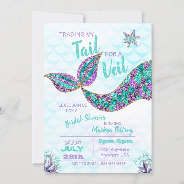 Mermaid  Bridal Shower invitation, glitter Invitation (Front)