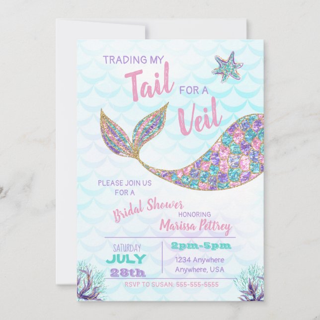 Mermaid  Bridal Shower invitation, glitter Invitation (Front)