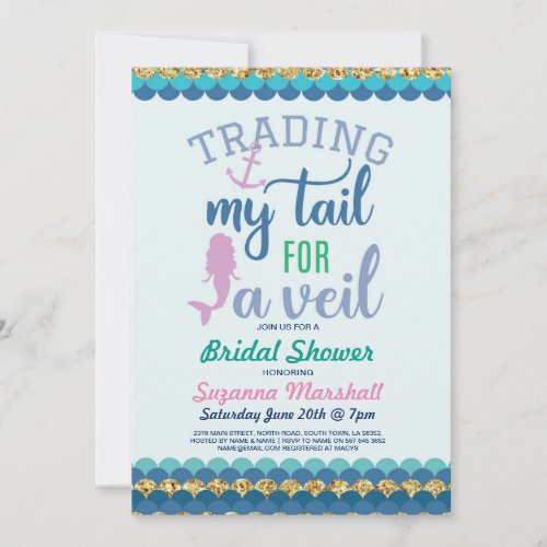 Mermaid Bridal Shower Invite Gold Glitter Sea