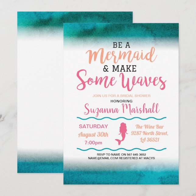 Mermaid Bridal Shower Invite Pink Bachelorette (Front/Back)