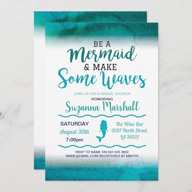 Mermaid Bridal Shower Invite Teal Bachelorette (Front/Back)