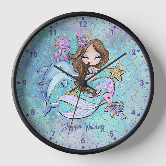 Mermaid Brown Hair Custom Girls Bedroom Wall Clock (Front)