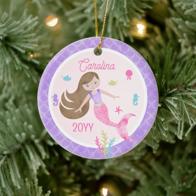Mermaid Brown Hair Pink & Purple Photo Keepsake Ceramic Ornament (Tree)