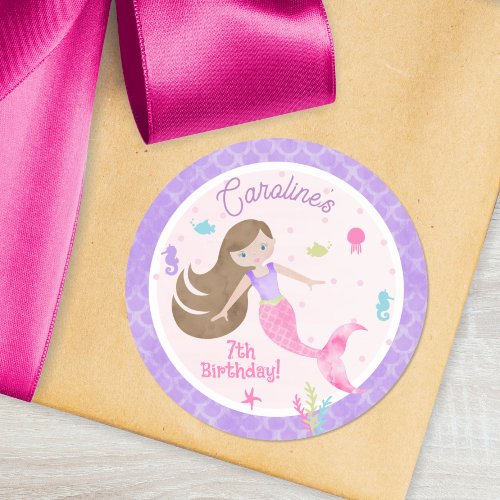 Mermaid Brown Hair Sea Creatures Purple Birthday Classic Round Sticker