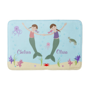 Mermaid Brown Hair Sisters Personalized Bath Mat