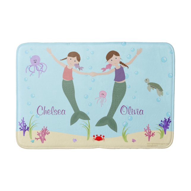 Mermaid Brown Hair Sisters Personalized Bath Mat (Front)