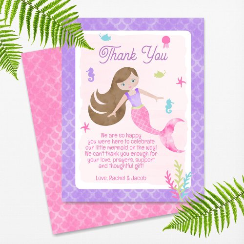 Mermaid Brown Hair Watercolor Baby Shower Thank You Card