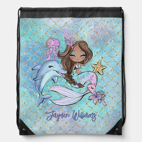 Mermaid Brown Skin Custom Girl Name Back To School Drawstring Bag