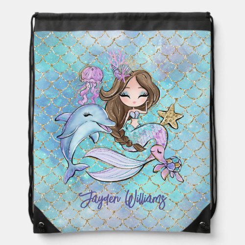 Mermaid Brunette Custom Girl Name Back To School Drawstring Bag