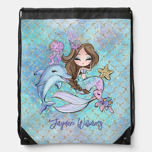 Mermaid Brunette Custom Girl Name Back To School Drawstring Bag (Front)