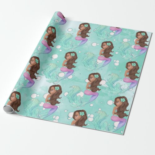 Mermaid Bubbles Blue Pink Dark Hair   Wrapping Paper