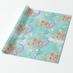 Mermaid Bubbles Cute Pink Blue Gift Wrapping Paper