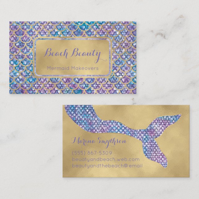 Mermaid Business Cards Blue Periwinkle Sequin glam (Front/Back)
