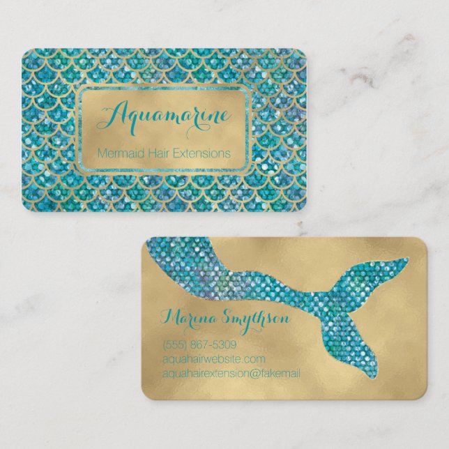 Mermaid Business Cards Teal and Gold Sequin (Front/Back)