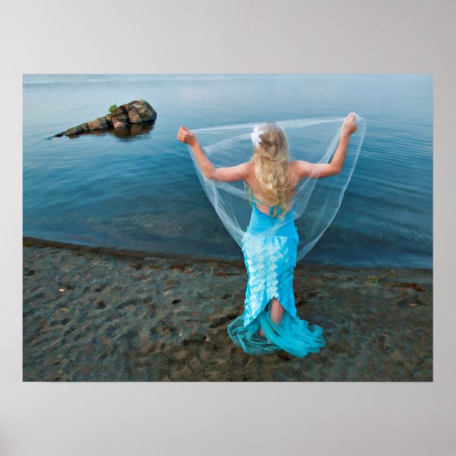 Mermaid By The Sea Blue Nautical Ethereal Poster (Front)