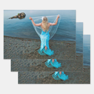 Mermaid By The Sea Blue Nautical Ethereal Wrapping Paper Sheets