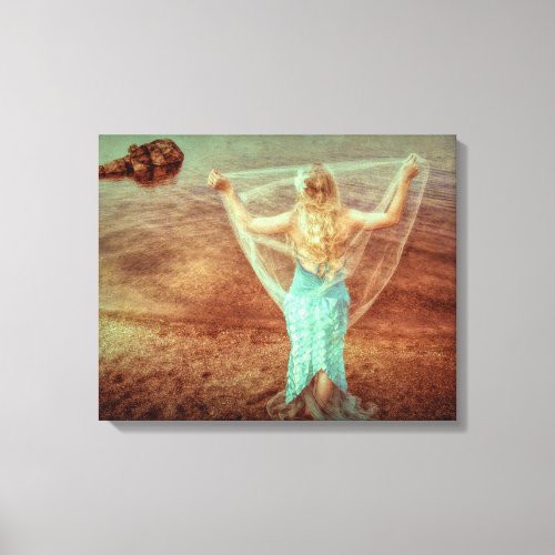 Mermaid By The Sea Vintage Teal Brown Canvas Print