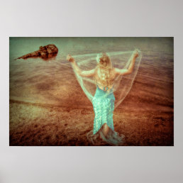 Mermaid By The Sea Vintage Teal Brown Poster