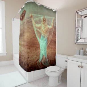 Mermaid By The Sea Vintage Teal Brown Shower Curtain