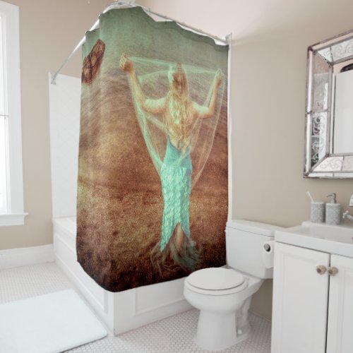 Mermaid By The Sea Vintage Teal Brown Shower Curtain