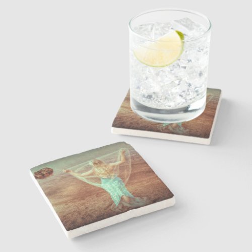 Mermaid By The Sea Vintage Teal Brown Stone Coaster