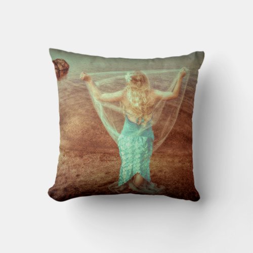 Mermaid By The Sea Vintage Teal Brown Throw Pillow
