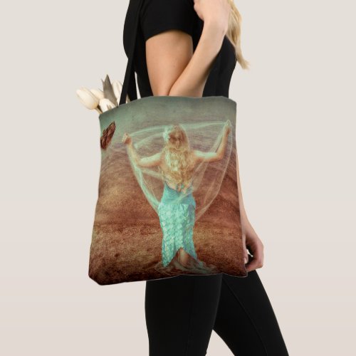 Mermaid By The Sea Vintage Teal Brown Tote Bag