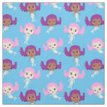 Mermaid Cartoon Pattern on Blue Fabric