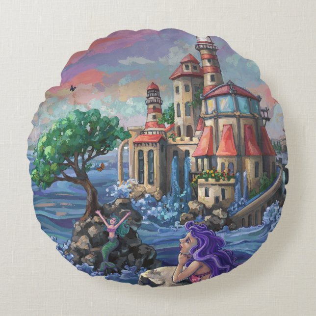 Mermaid Castle Round Pillow (Front)