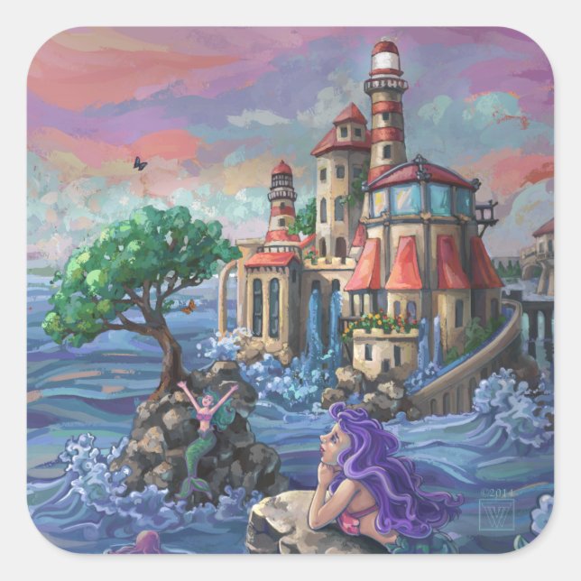 Mermaid Castle Square Sticker (Front)