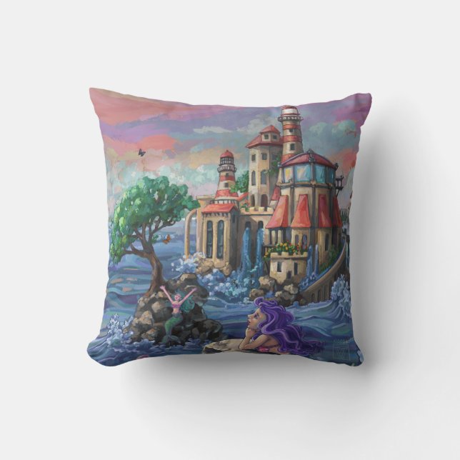 Mermaid Castle Throw Pillow (Front)