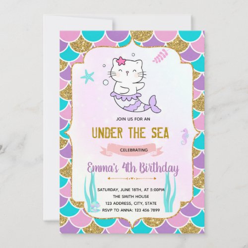 Mermaid cat birthday invitation