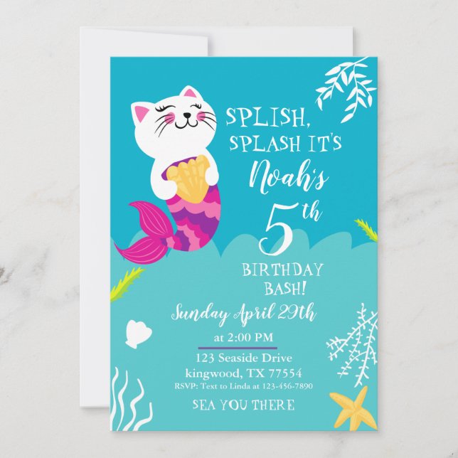 Mermaid Cat Birthday Invitation (Front)