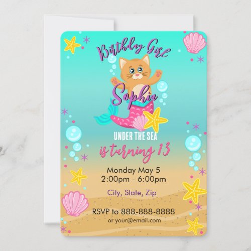 Mermaid cat Birthday Invitation