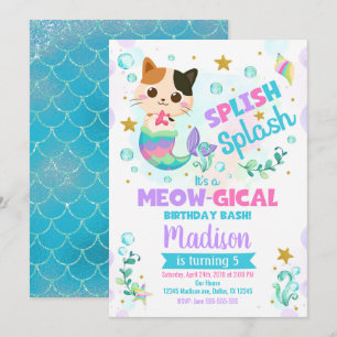 Mermaid Cat Birthday Invitation, Kitten Pool Party Invitation