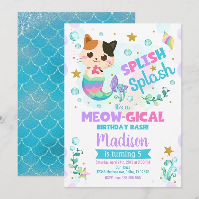 Mermaid Cat Birthday Invitation, Kitten Pool Party Invitation (Front/Back)