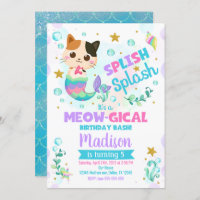 Mermaid Cat Birthday Invitation, Kitten Pool Party Invitation