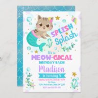 Mermaid Cat Birthday Invitation, Kitten Pool Party Invitation