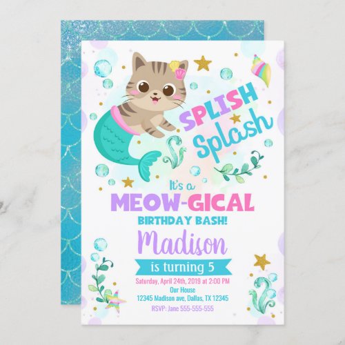 Mermaid Cat Birthday Invitation Kitten Pool Party Invitation