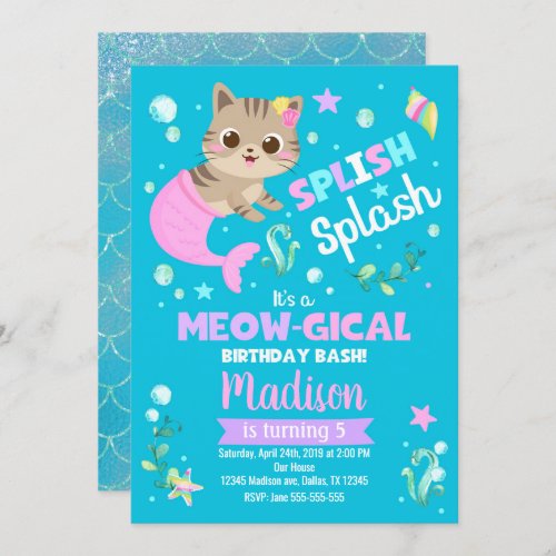 Mermaid Cat Birthday Invitation Kitten Pool Party Invitation