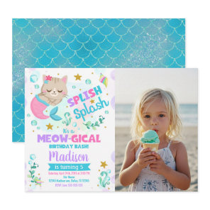 Mermaid Cat Birthday, Kitten Pool Party Photo Invitation