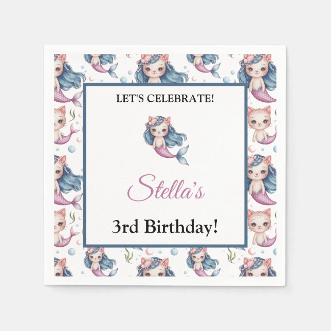 Mermaid Cat Birthday Personalized Name & Age Party Napkins (Front)
