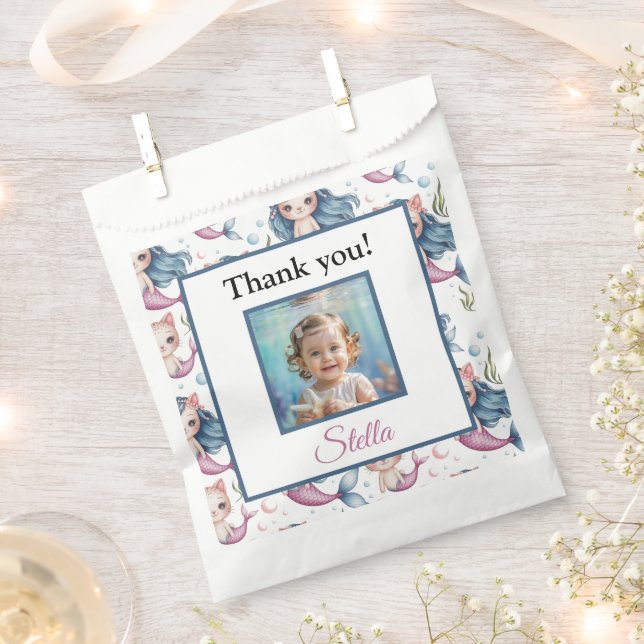 Mermaid Cat Birthday Thank You Photo Favor Bag (Clipped)
