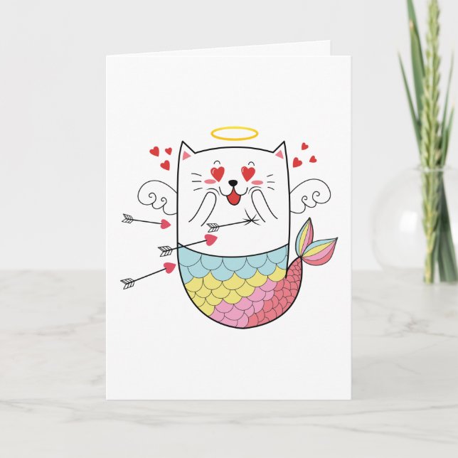 Mermaid Cat Cute Personalized Valentine Holiday Card (Front)