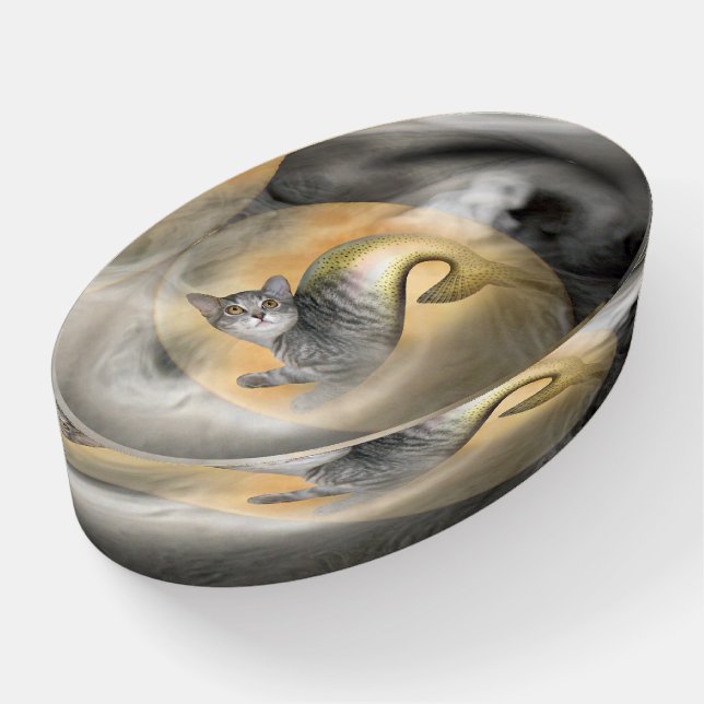 Mermaid Cat in the Moon Paperweight (Angled)