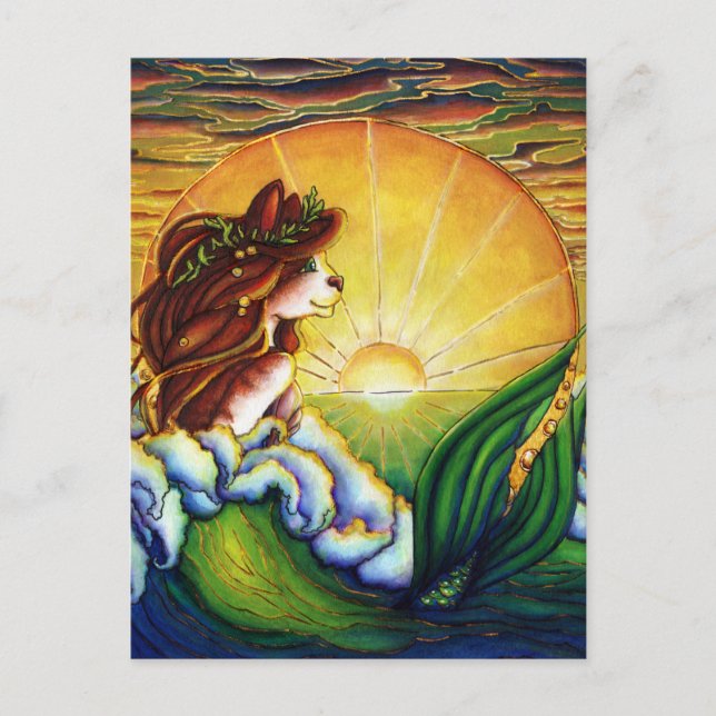 Mermaid Cat Summer Ocean Sunset Postcard (Front)