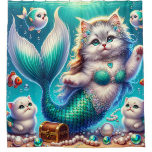 “Mermaid Cat with Kittens - Whimsical Water Art" Shower Curtain