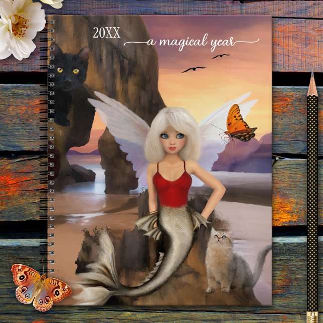 Mermaid Cats Surreal Fantasy Planner (Planner featuring a fine art painting by Anne Vis with a mermaid surrounded by her cat friends)