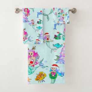 Mermaid Celebrating Christmas With Friends Bath Towel Set